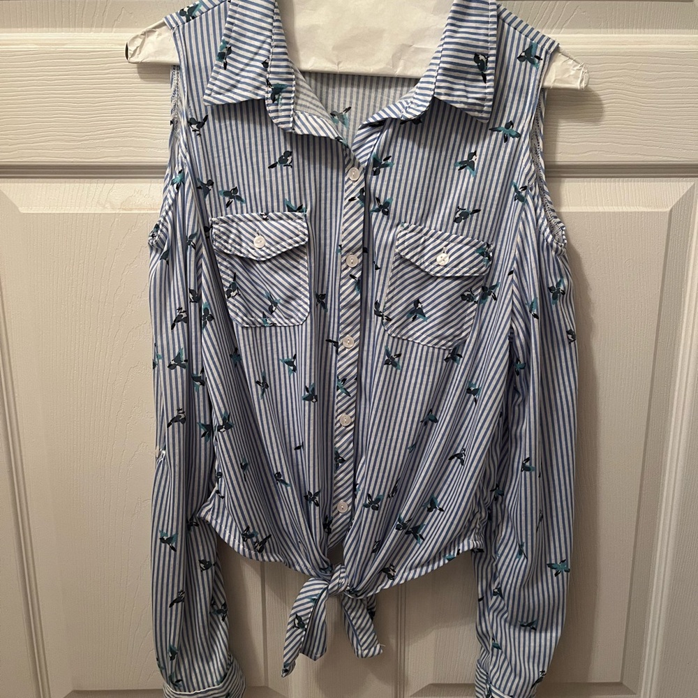 Passport button down open shoulder tie waist shirt